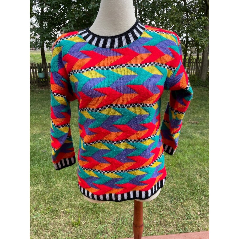 Vintage 80's Multicolor Geometric Pattern Sweater Rapper Fortune Knits Inc.
